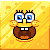 Pixelated yellow character with large blue eyes, two white teeth, and orange cheeks against a bright yellow background.