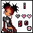 Pixel art contact sheet showing two animated frames of a character with red hair and black afro, wearing a gray dress with white star, striped sleeves, and platform shoes, alongside heart icons and symbol changes.