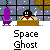 Pixel art animation of a character at a desk with purple chairs and brown platforms against a starry background, text below reads 'Space Ghost'.