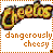 Pixelated static icon featuring a Cheetos mascot head and text reading "dangerously cheesy" within an orange dotted border frame.