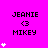 Pixelated text and heart symbols on a bright pink background with a gray corner element.