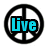 A circular black and white peace symbol with blue 'Live' text inside, a rainbow smiley face with green 'Laugh!' text below it, and a colorful background with yellow 'Love' text.