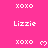 A bright pink background displays repeated white text 'xoxo' and 'Lizzie' with small white heart symbols appearing and disappearing next to 'xoxo' in a pattern