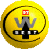 Yellow spherical icon with black circular outline and 'W BEST' logo, displaying multiple text variations including '97/98', 'IW BEST', and 'MÉRITO DE PARTICIPAÇÃO' across different views.