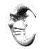 A grayscale animated sequence of a stylized face in circular crop, showing facial expression changes