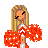 Pixel art cheerleader icon with orange pom-poms, white skirt, and blonde hair in three sequential poses showing movement.