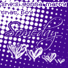 Purple background with white pixelated dots and text reading 'she's gonna marry that boy' above stylized cursive script and three outlined hearts.