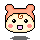 Pixel art contact sheet showing five frames of a pink hamster-like mascot with orange ears and brown swirl mark, displaying various expressions and poses against gray background.