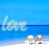 Beach scene with two lounge chairs on white sand, blue ocean, and sky, featuring the word 'love' in yellow cursive script.