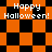Pixelated orange and black checkered pattern with "Happy Halloween!" text repeated across four sections, transitioning between square and diamond layouts