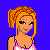 Pixelated character with orange braided hair and blue eyes in a white tank top, shown against purple background with pink dress animation above yellow text.