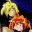 Pixelated anime-style character with blonde and red hair alternates between waving and fist-pumping poses against dark blue background.