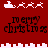 Red background with white pixelated Santa sleighs and reindeer, black 'merry christmas' text, and white pixelated cityscape borders.