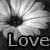 Black-and-white pixelated image of a flower with radiating petals and the word 'Love' in bold text below.