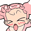 Animated cartoon character with pink curly hair and blue dress displays five distinct facial expressions