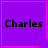 Four purple square with pink borders display the name 'Charles' in black pixelated text; top-right has a pink heart, bottom-right has a pink starburst
