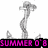 Pixelated grayscale figure with raised arm above pink 'SUMMER 0' text on black background.