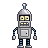 Pixel art robot with silver body, blue and black segmented arms and legs, yellow eyes, and a small antenna on its head against a gray background.