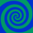Four spirals in alternating blue and green hues arranged in a pattern on a solid background