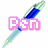 Pixelated pen with blue ink and green accents, overlaid by three distinct text boxes in pink, cyan, and orange.
