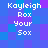 Pixelated text 'Kayleigh Rox Your Sox' repeated in a on blue-purple gradient background with no visible animation changes