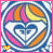 Animated circular icon with swirling blue and white background, central heart shape, and colored hair sections; small orange heart in bottom-left corner of first frame.