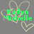 Gray background with light beige heart outlines and green pixelated text reading names and phrases.