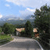 Pixelated landscape with blue sky, white clouds, green trees, and a light-colored road or path leading into the distance.