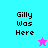 Pixelated text 'Gilly Was Here' appears on cyan and magenta backgrounds with a small star icon below the text in each section.