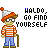 A 5x5 contact sheet of a pixel-art animated icon featuring a character in striped shirt and hat with text "HALLO, GO FIND YOURSELF" across frames showing subtle animation changes.
