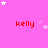 Pink background with red text 'kelly' repeated in a , white and light pink stars scattered throughout, gray rectangle in bottom-right corner