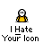 A 4x4 contact sheet of a pixel art animated buddy icon showing a yellow stick figure with white face and black outline in various poses and speech bubbles containing text like "I Hate Your Icon", "NO, REALLY", and "IT SUCKS" on gray background.