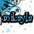 Pixelated icon with blue and black text 'miley' over a blurred anime-style character background, scattered light blue squares on white.