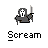 Pixel art contact sheet showing two identical animated frames of a hooded figure with a sword and the text 'Scream' beneath each, alongside red 'badass buddy .com' branding on gray background.