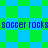 Pixelated green and blue checkered background with repeated "soccer rocks" text in dark blue, two of identical text across the image