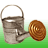 Animated sequence showing a metallic watering can pouring liquid onto a golden spiral object against green and white backgrounds.
