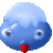 Pixelated blue sphere with two circular eyes and a red protrusion at the bottom, set against a solid gray background.