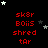 Red text 'skør Boiis shred tAr' repeated in a pattern on black background with white and gray stars, some stars animate to change position