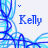 repeated blue and cyan scribbled patterns with the name 'Kelly' in blue text on white backgrounds, featuring small colored dots above each instance
