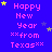 Blue background with pink text reading "Happy New Year ***from Texas***" repeated in a , surrounded by yellow and purple stars