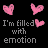 Animated sequence of pink hearts and text 'I'm filled with emotion' where the word 'emotion' progressively shortens from full to partial letters across frames.