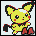 Pixelated yellow creature with black-outlined ears and red cheeks holds a dark hammer-like object, standing on red blocky feet against light background.