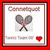 Four square display a tennis racket icon with heart symbols, alternating between red and black borders