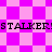 Pixelated pink and purple checkered background with repeated "STALKER!" text in black block letters across two horizontal bands.