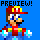 Pixel art of a character with brown hair, blue eyes, and a black mustache wearing red cap and shirt against solid blue background.