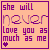 identical peach-colored squares with purple text reading "she will never love you as much as me" and a small heart symbol at the bottom left