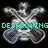 Pixelated silver and blue guitar-shaped icon with crossed guitars, displaying different text overlays across frames.