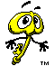 Yellow cartoon key character with large eyes and black limbs in running pose, alternating between open mouth and closed mouth frames on gray background.