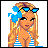 Pixel art buddy icon featuring a blonde woman in a striped swimsuit with blue sunglasses and flower accessory on the left, next to text reading "sexy blonde gurl" over butterfly graphics on the right.