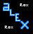 Pixelated icon with blue stylized text 'ALEX' and white 'Rox' text at top-right and bottom-left on dark background.